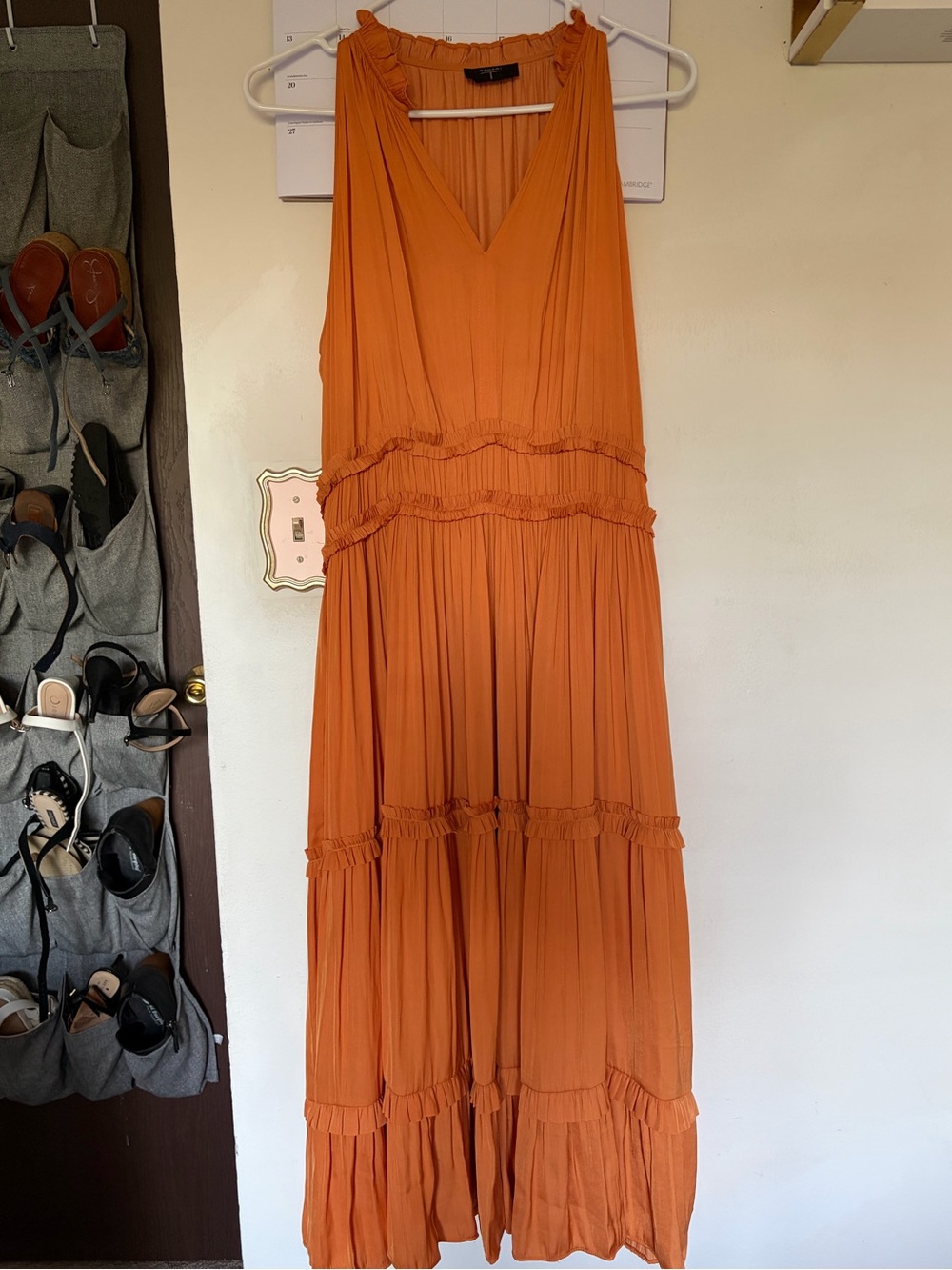 Tahari Orange Sleeveless V-Neck Tiered Maxi Dress